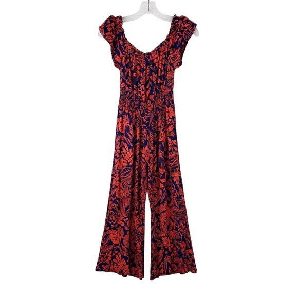 Patrons of Peace Pants - Patrons of Peace Floral Jumpsuit XS Navy Orange Tropical Smocked Wide Leg Boho
